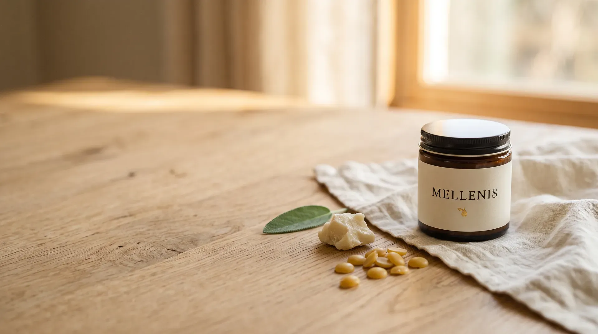 Braunglastiegel mit Mellenis-Schriftzug auf Leinen, daneben Sheabutter und Bienenwachs