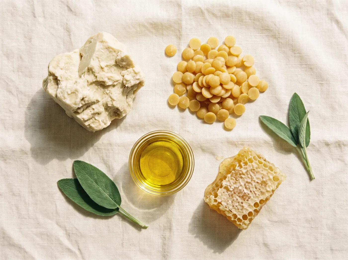Sheabutter, Bienenwachs-Pastillen, Jojobaöl, eine Honigwabe und Salbeizweige auf Leinen